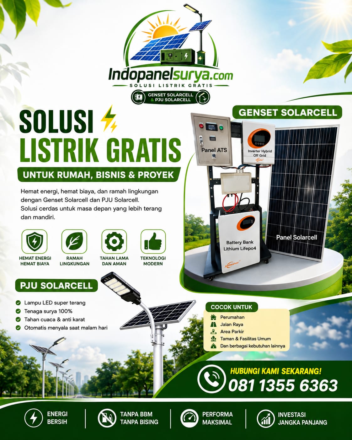Genset Solarcell dan PJU Solarcell IndoPanelSurya — solusi listrik gratis untuk rumah, bisnis, dan proyek